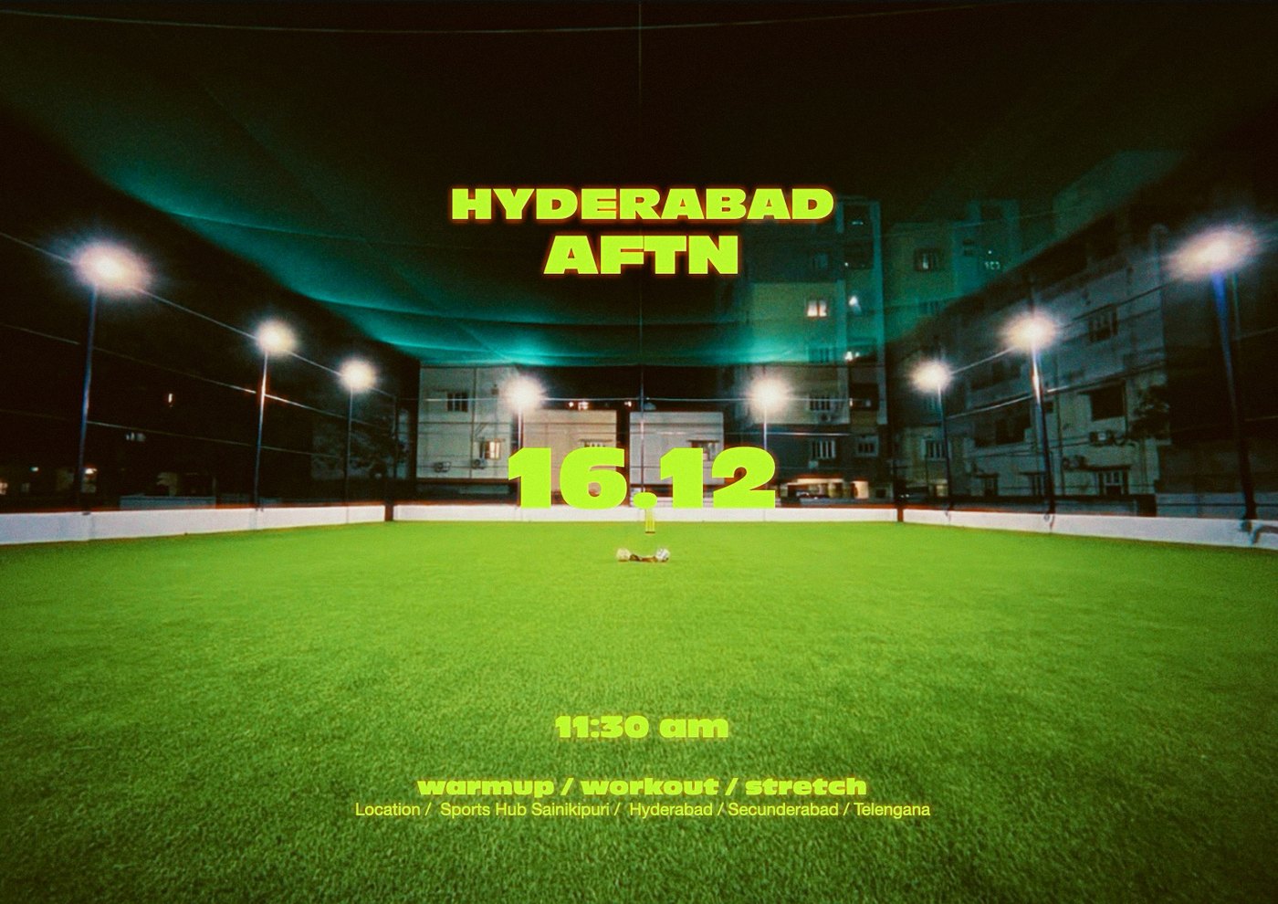 A lit sports court at night with AFTN event typography